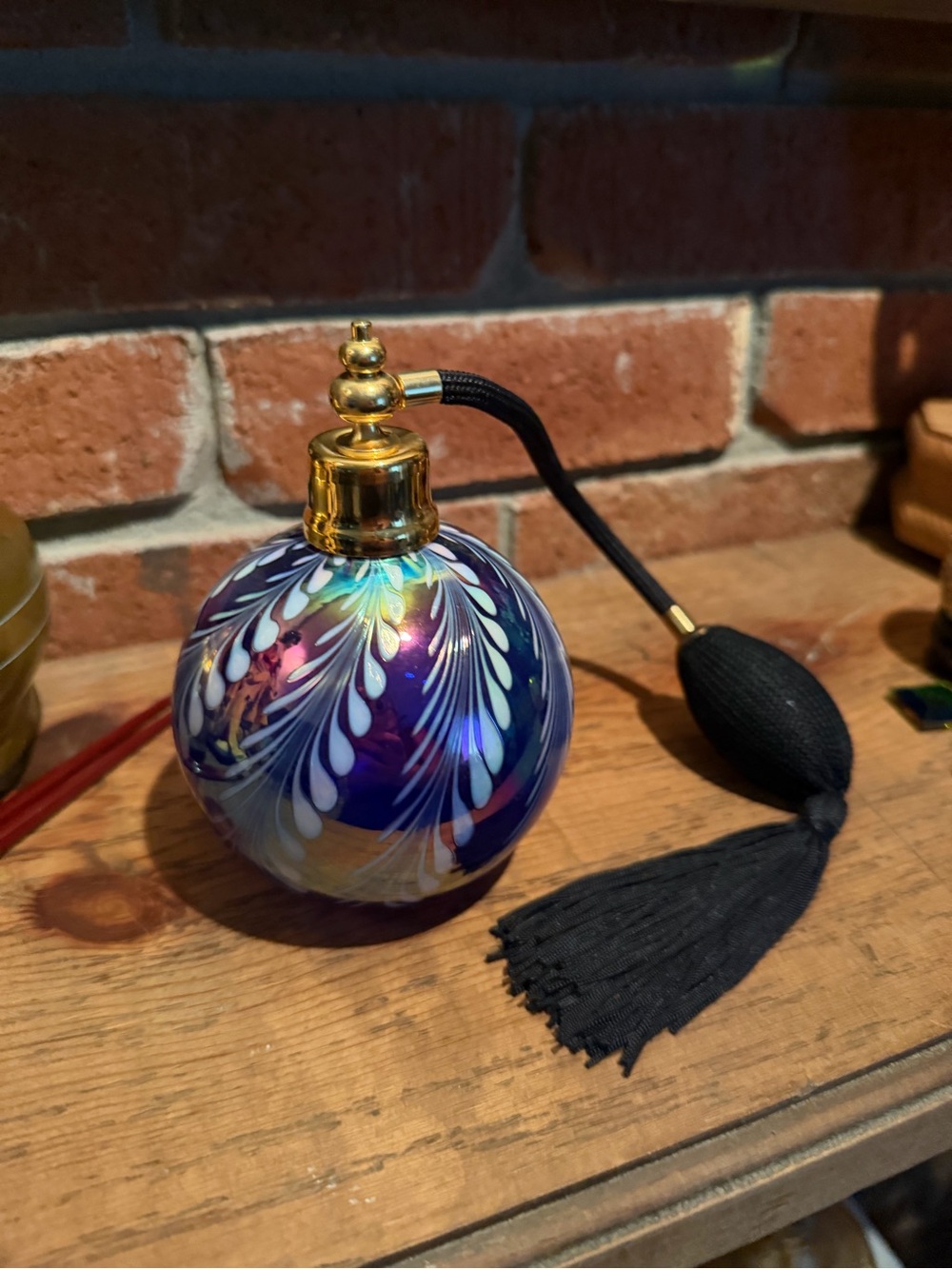 Vintage Hand Blown Iridescent Rainbow Glass Perfume Bottle Atomizer